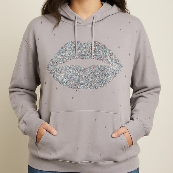 Lauren Moshi Lip Diamond Embellished Distressed Hoodie Sweatshirt Purple L - Picture 1 of 9